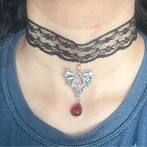 Silver Bat Pendant Choker with Red Gemstone